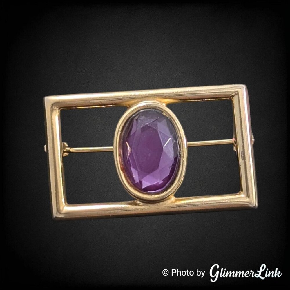Vintage Art Deco Style Purple Acrylic Stone Openwork Gold Tone Rectangle Brooch